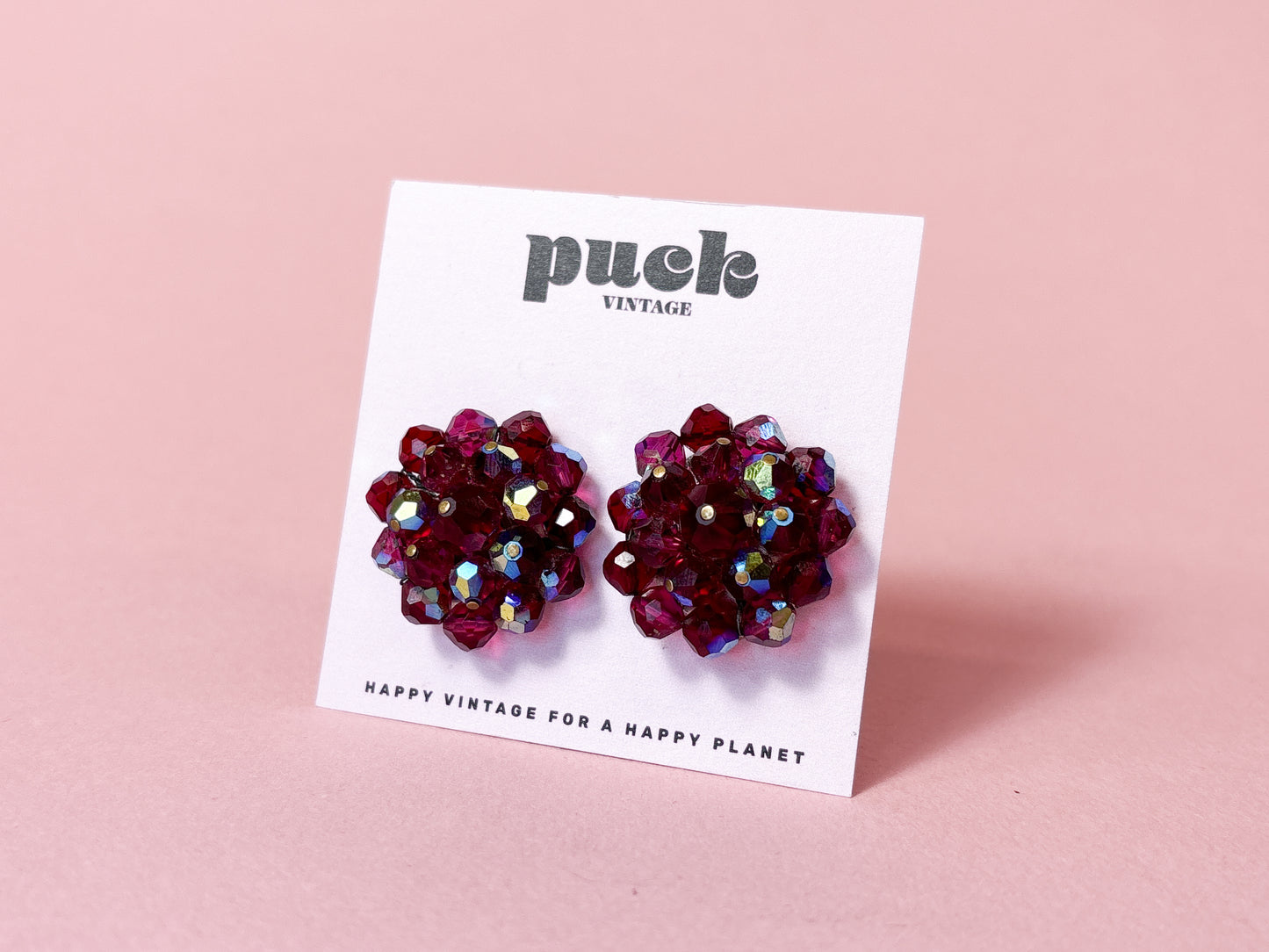 60's Berry Red AB Cluster Clip On Earrings