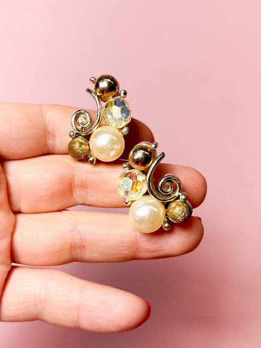 60s Swirled Pearl & Gold Bead Clip On Earrings