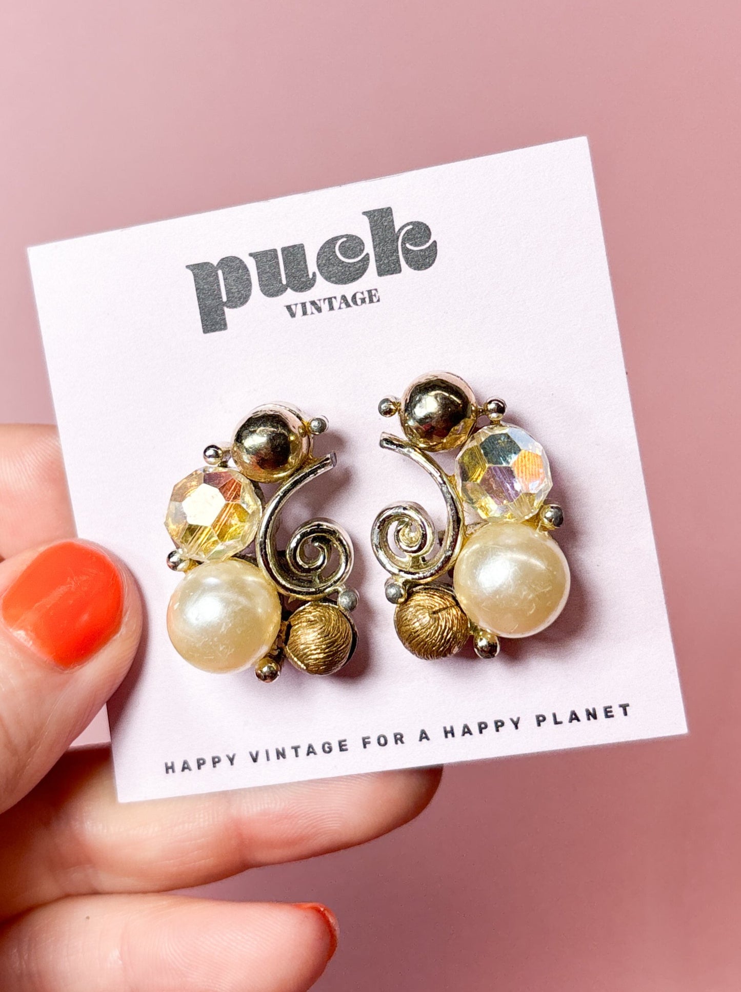 60s Swirled Pearl & Gold Bead Clip On Earrings