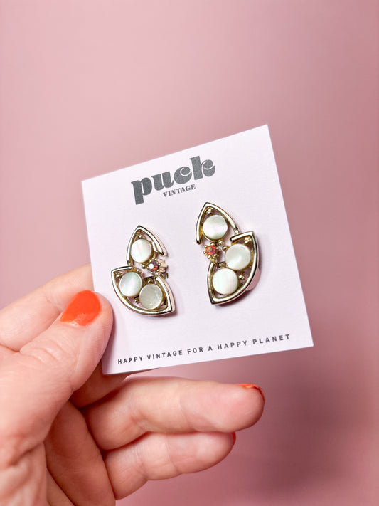 60's Pearlescent & Pink Crystal Leaf Clip On Earrings