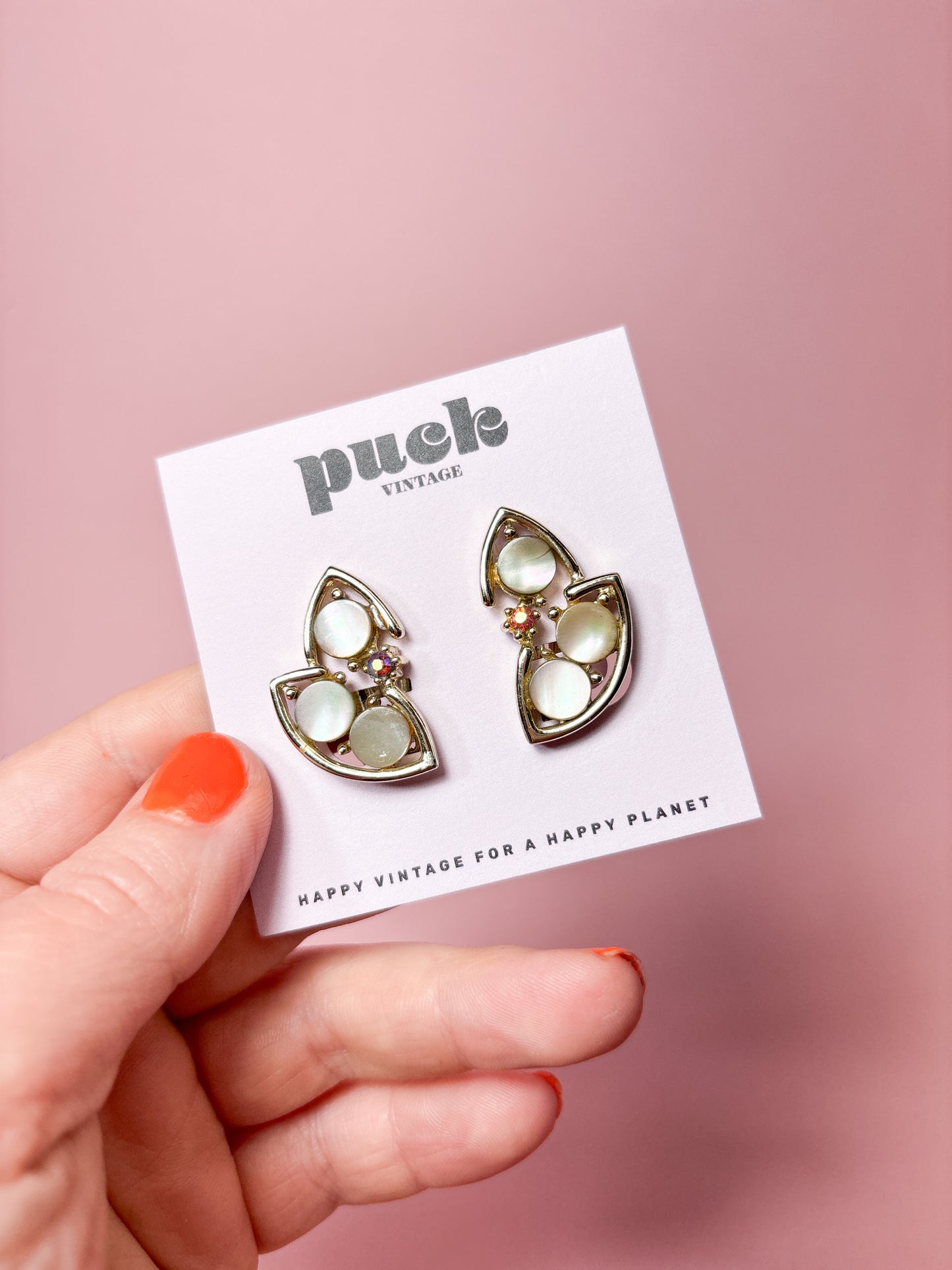 60's Pearlescent & Pink Crystal Leaf Clip On Earrings
