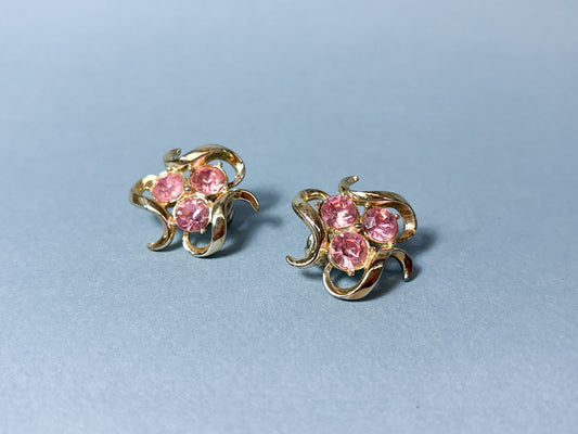Vintage Pink Rhinestone & Gold Swirl Clip On Earrings