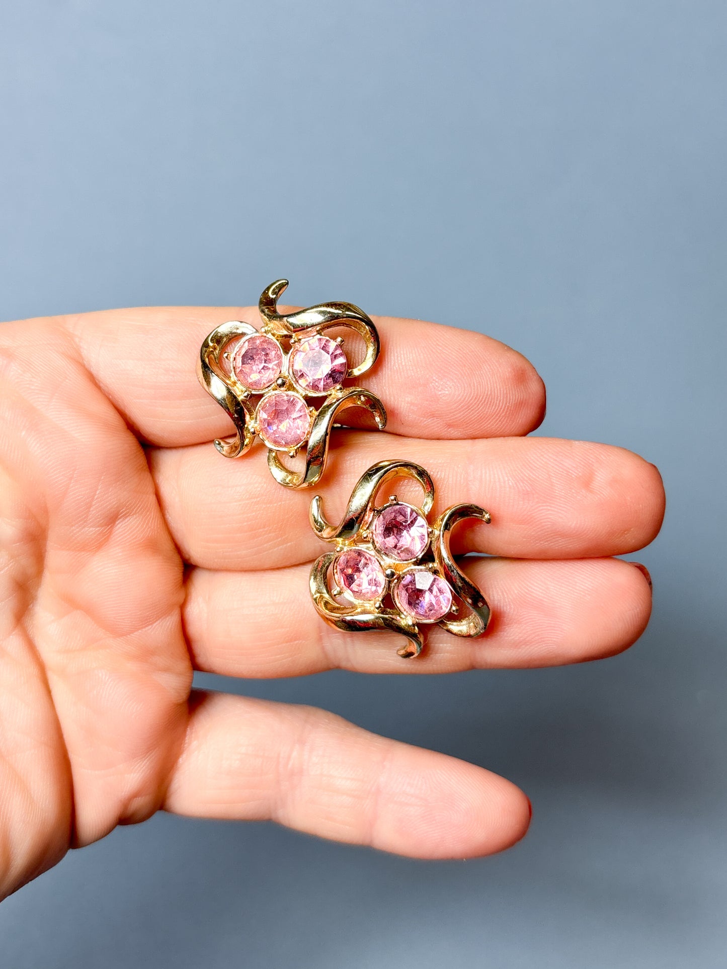 Vintage Pink Rhinestone & Gold Swirl Clip On Earrings