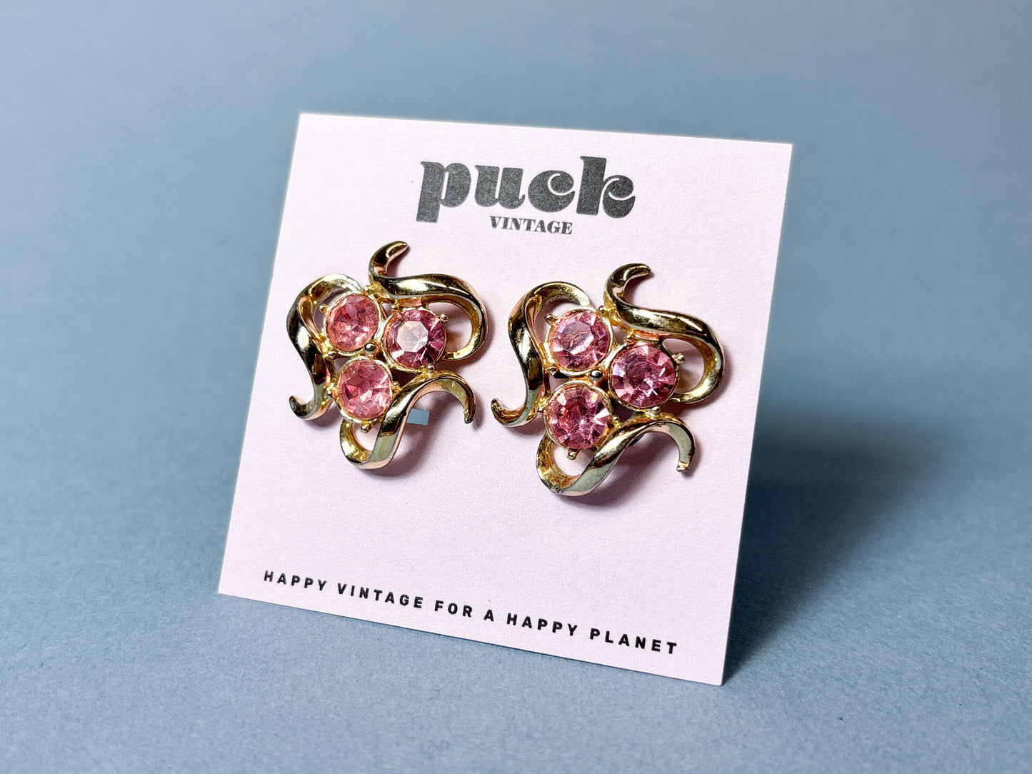 Vintage Pink Rhinestone & Gold Swirl Clip On Earrings