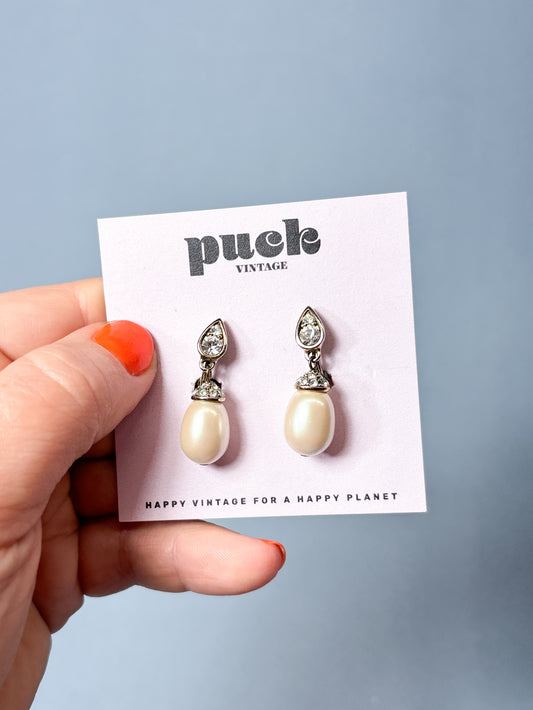 Vintage Monet Rhinestone & Pearl Tear Drop Clip On Earrings