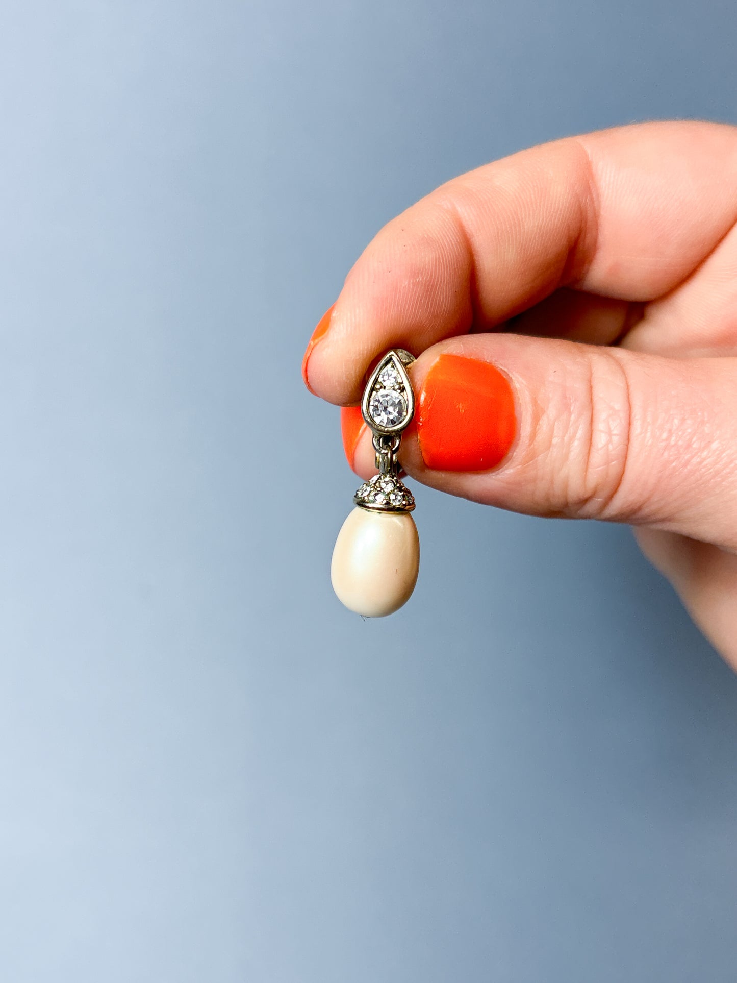 Vintage Monet Rhinestone & Pearl Tear Drop Clip On Earrings