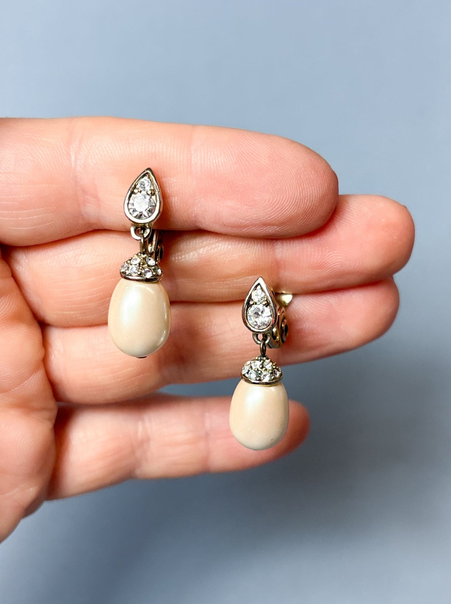 Vintage Monet Rhinestone & Pearl Tear Drop Clip On Earrings