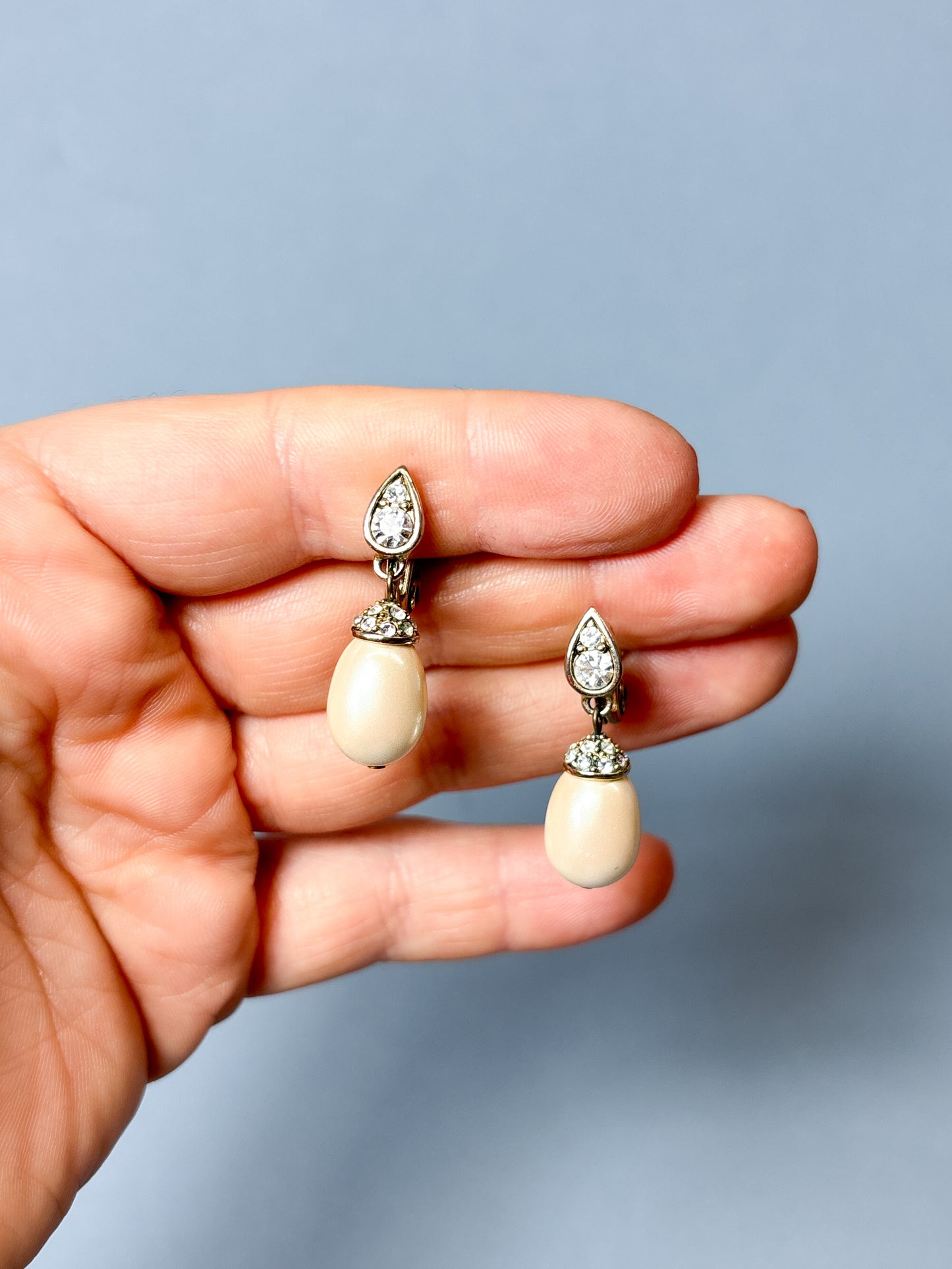Vintage Monet Rhinestone & Pearl Tear Drop Clip On Earrings