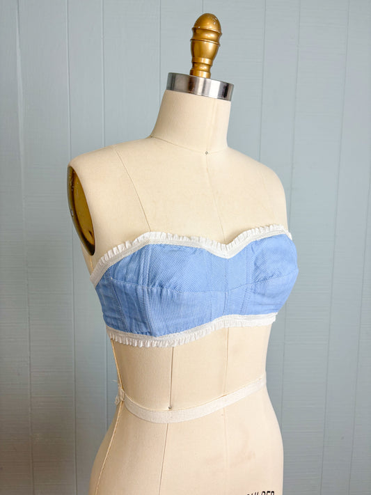 50's 60's Baby Blue Ruffle Strapless Bra | XXS