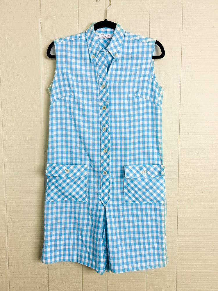 60s Blue & White Gingham Skort Romper