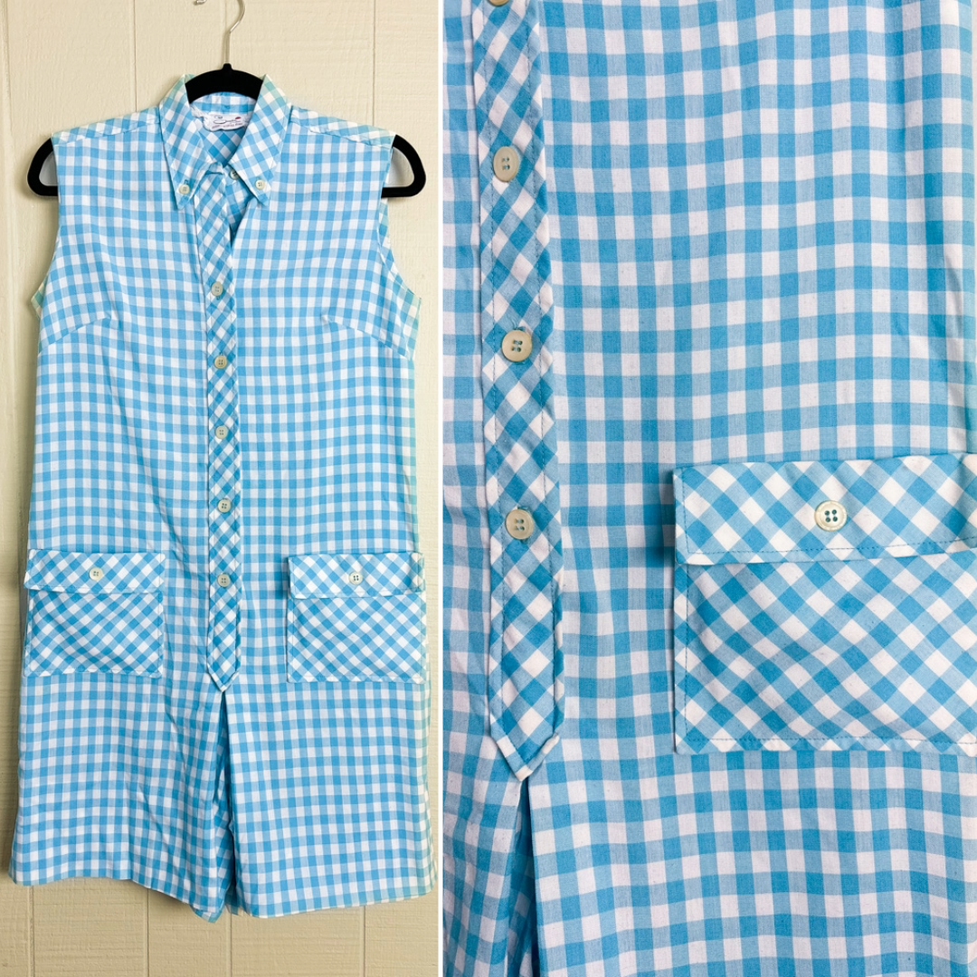 60s Blue & White Gingham Skort Romper