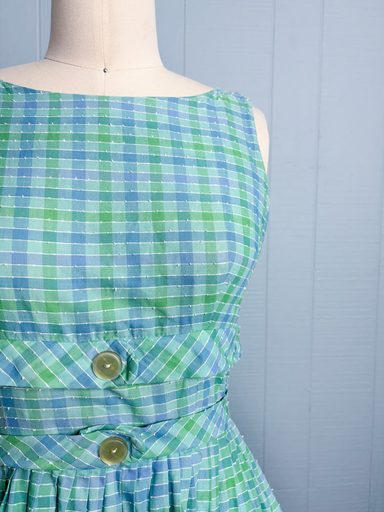 50s 60s Pastel Blue & Green Sea Foam Plaid Picnic Dress