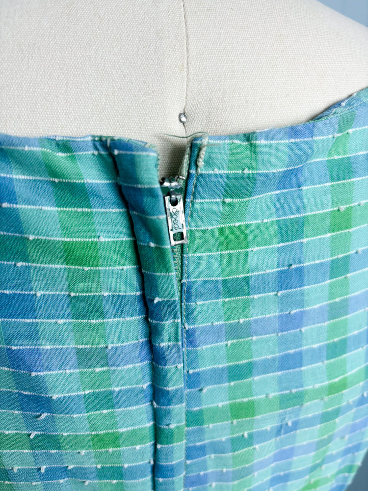 50s 60s Pastel Blue & Green Sea Foam Plaid Picnic Dress