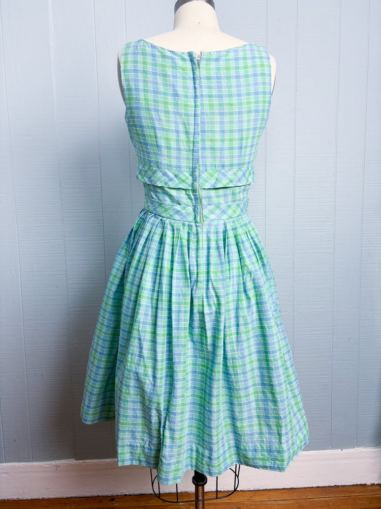 50s 60s Pastel Blue & Green Sea Foam Plaid Picnic Dress