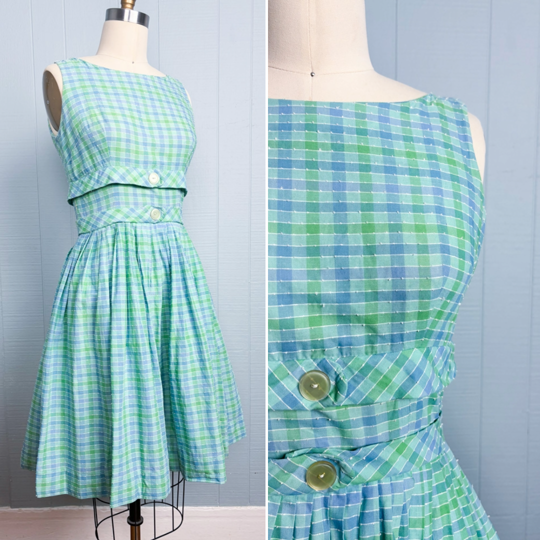 50s 60s Pastel Blue & Green Sea Foam Plaid Picnic Dress