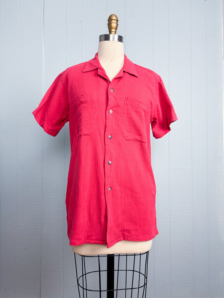 70s Yves Saint Laurent Crinkled Red Revere Collar Short Sleeve Shirt