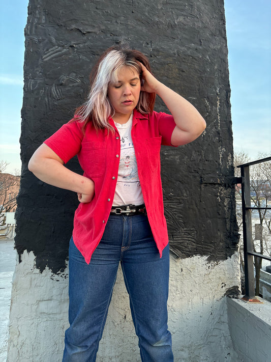 70s Yves Saint Laurent Crinkled Red Revere Collar Short Sleeve Shirt