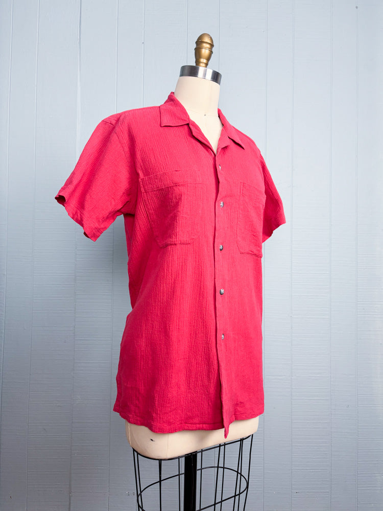 70s Yves Saint Laurent Crinkled Red Revere Collar Short Sleeve Shirt