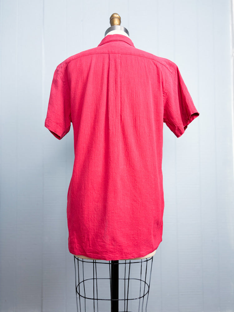 70s Yves Saint Laurent Crinkled Red Revere Collar Short Sleeve Shirt