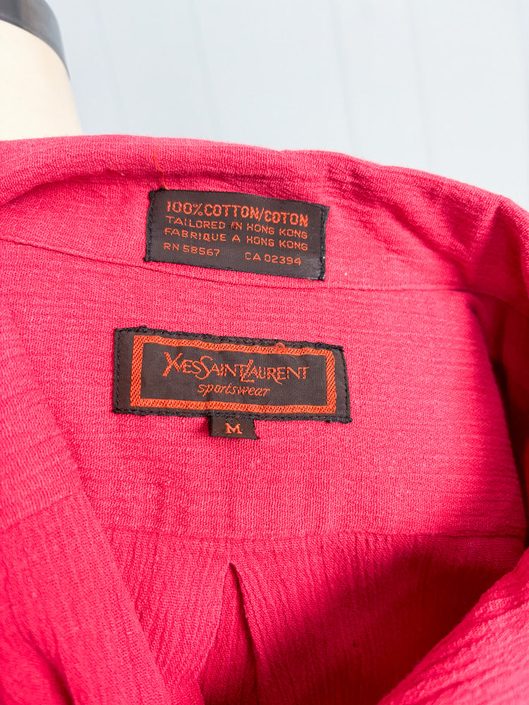 70s Yves Saint Laurent Crinkled Red Revere Collar Short Sleeve Shirt