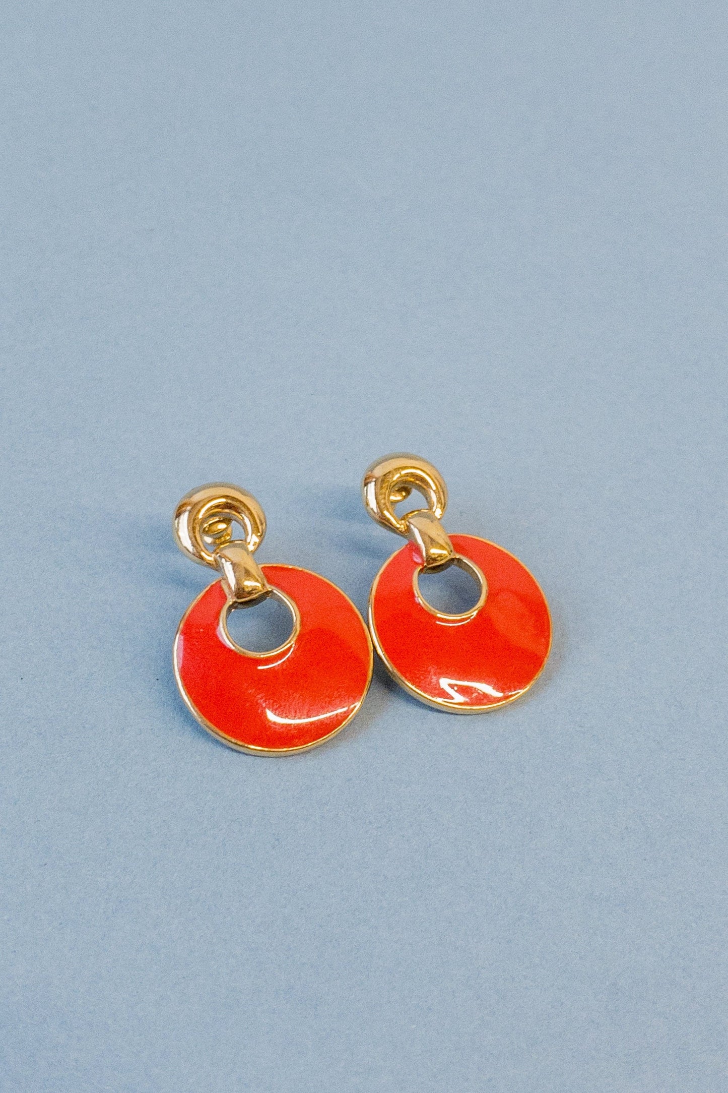 Enamel & Gold Brick Red Disc Earrings