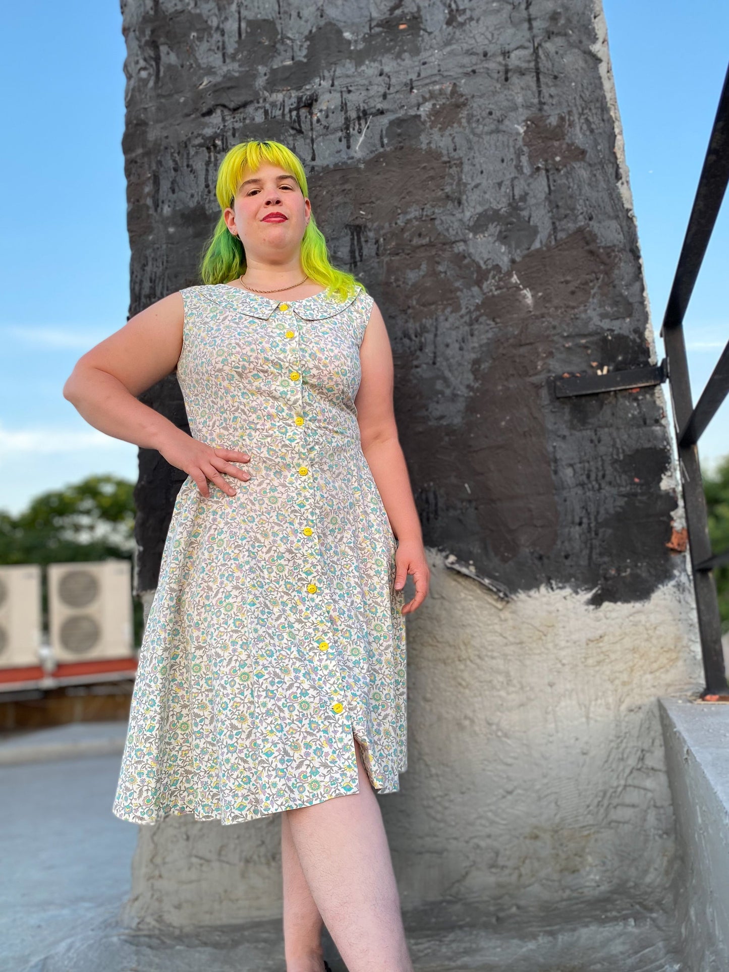 50's Grey & Yellow Flower Summer Dress | L/XL