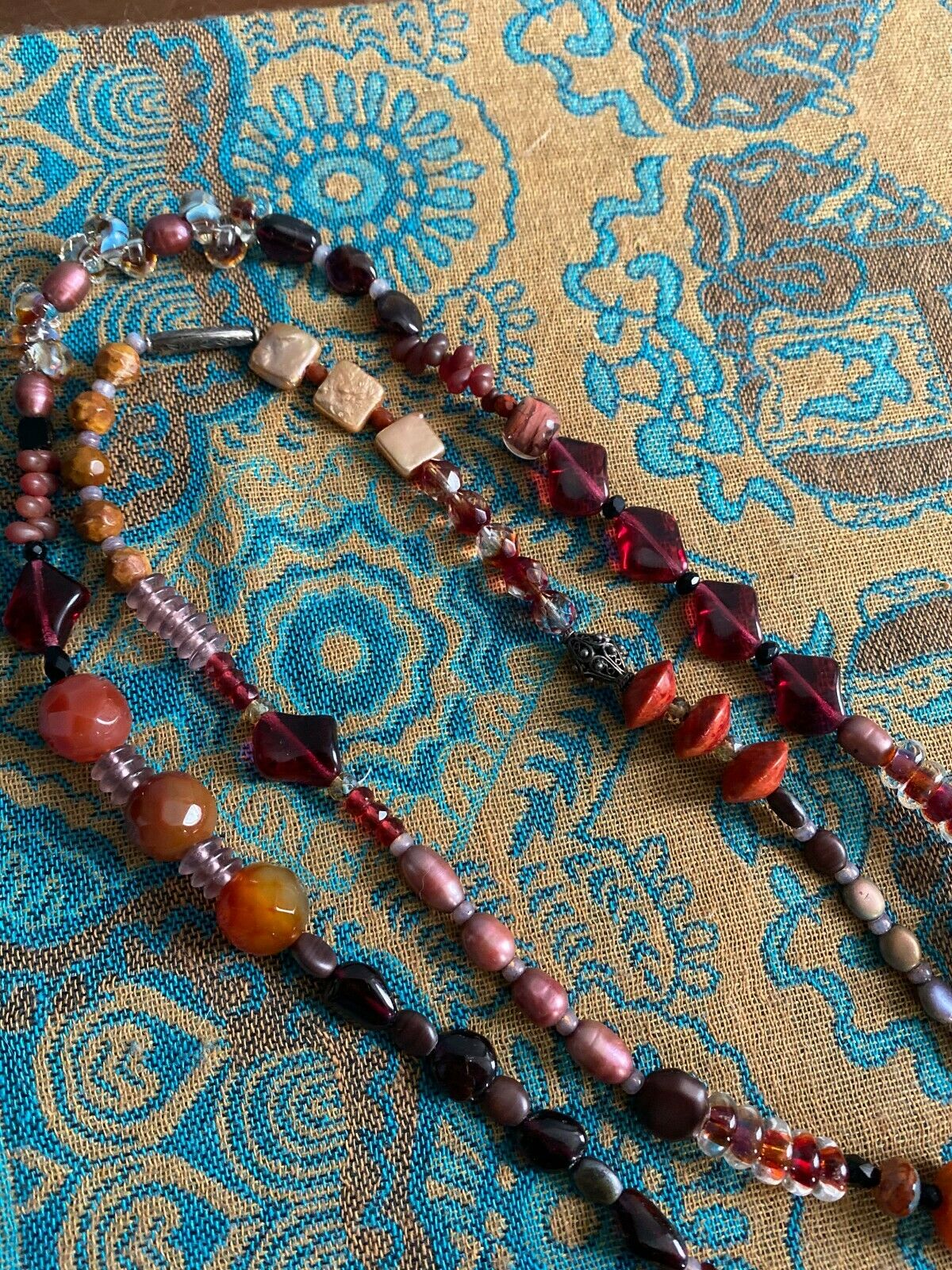 Amber & Pink Glass Pearl Bead Lariat Necklace