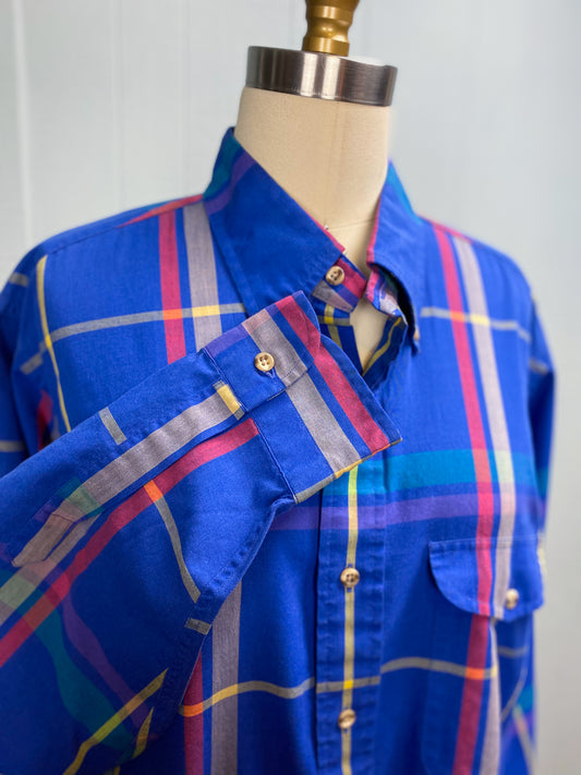 80's 90's GANT Vintage Button Down Casual Dress Shirt Royal Blue Foxhunt Plaid L