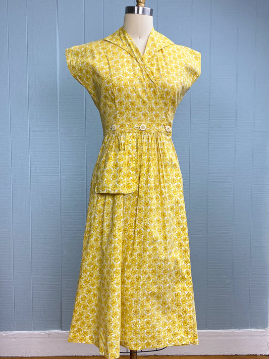 50s Yellow Daisy Flower Dress | XXS/XS