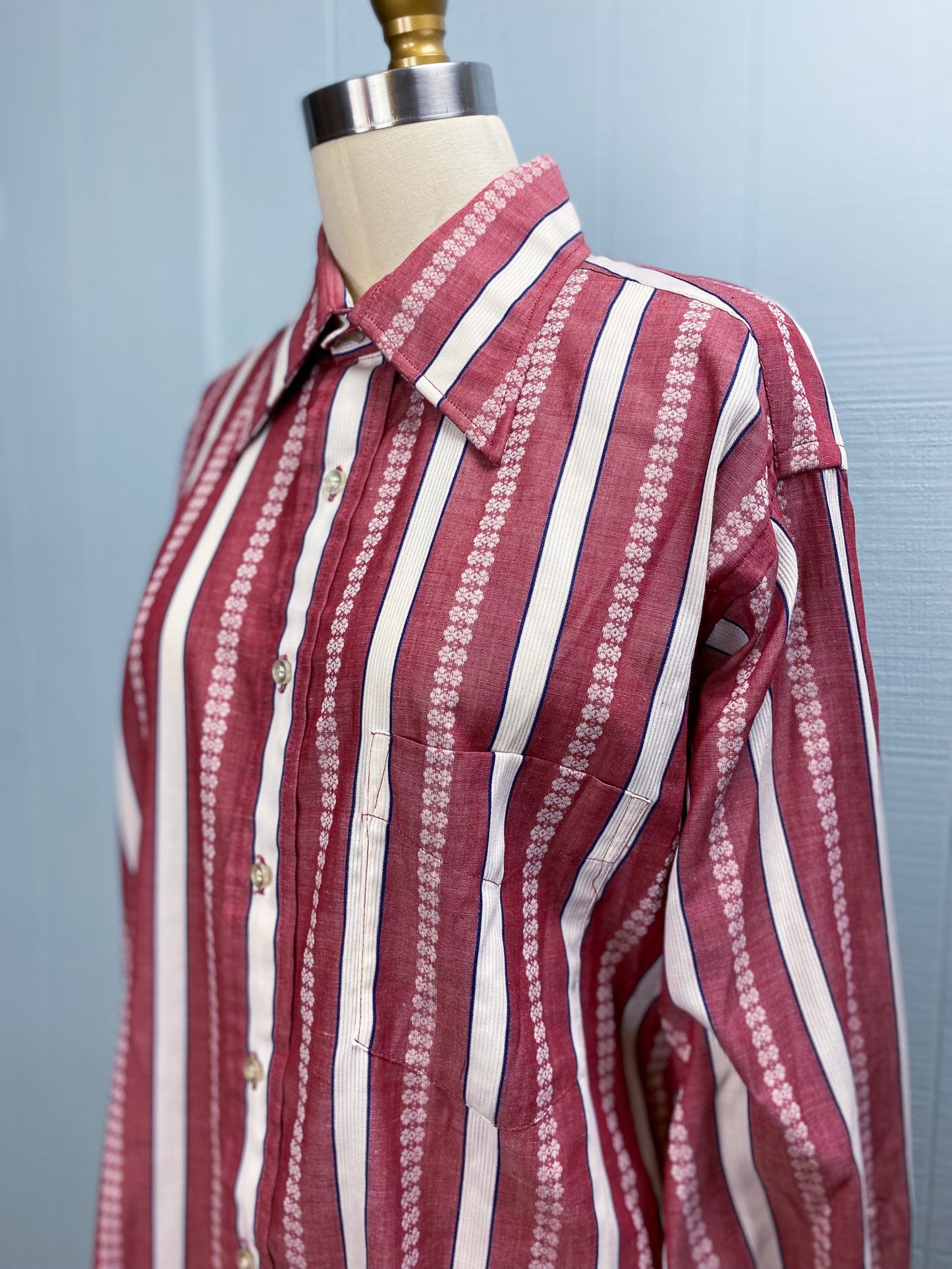 70's Wine & White Vertical Stripe Dagger Collar Button Up Shirt