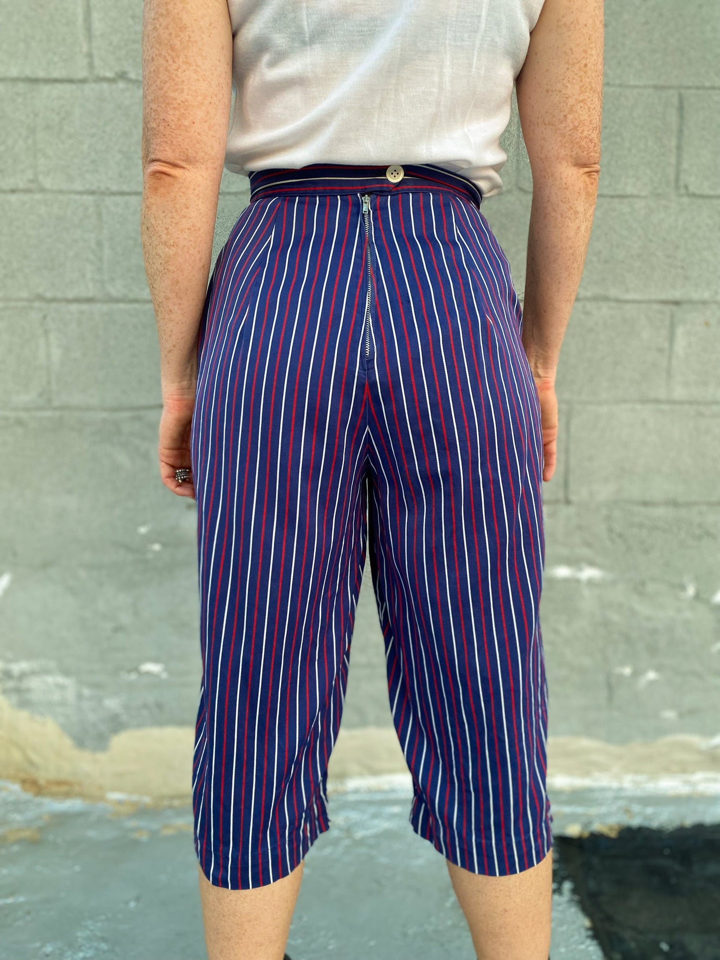 50s 60s Jantzen Navy Stripe Wide Crop Pant | 28"
