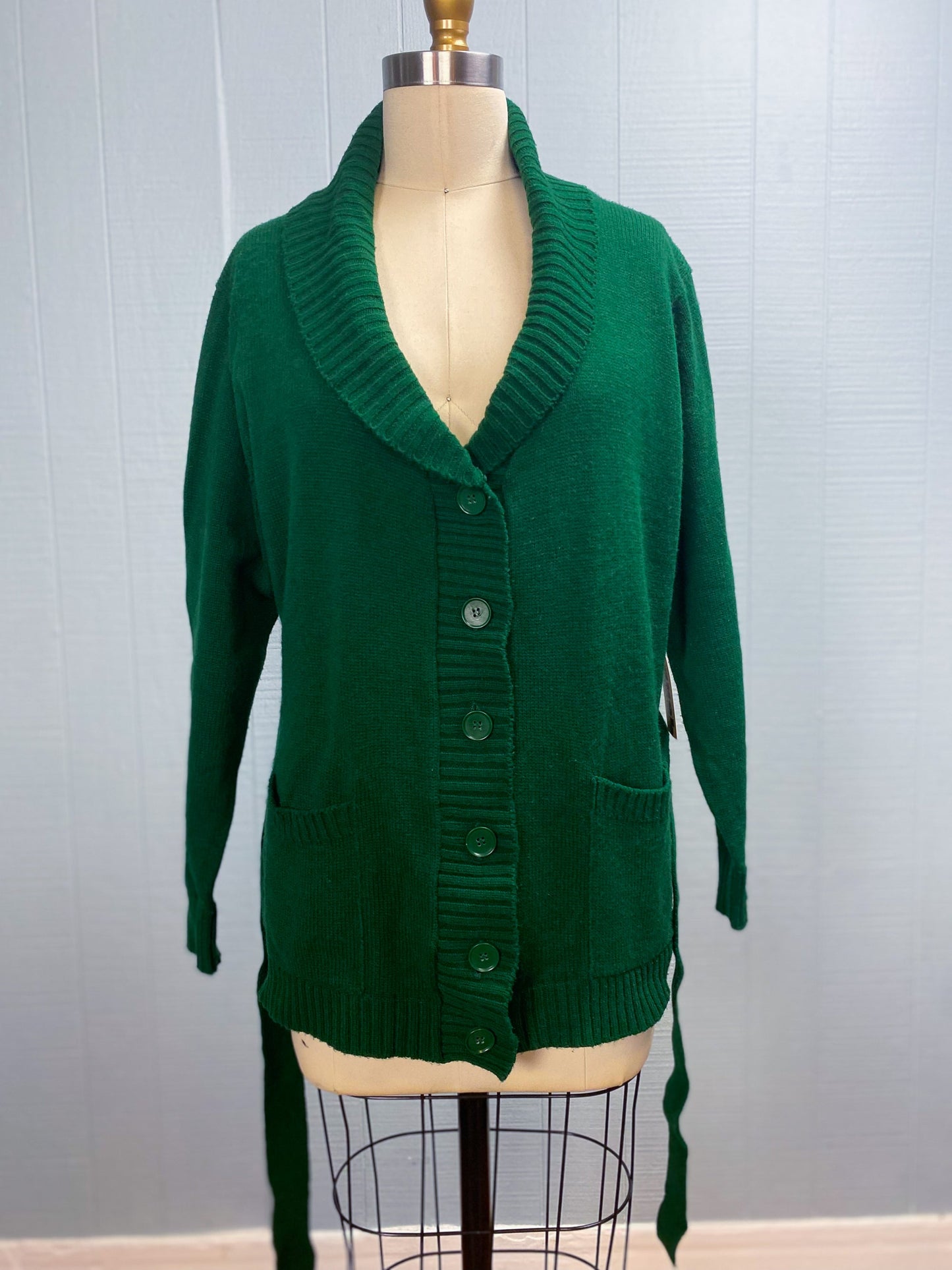 70s 80s Forest Green Shawl Collar Belted Cardigan