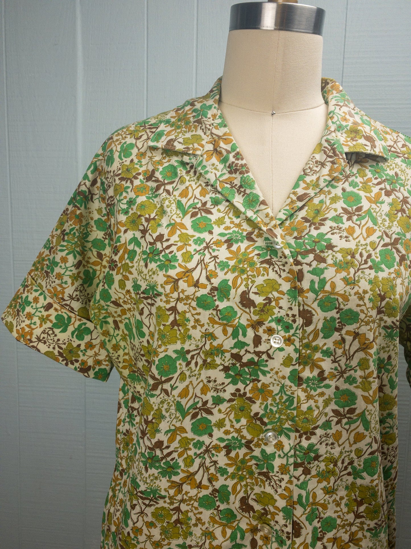 60's Jade & Mustard Floral Blouse | M/L