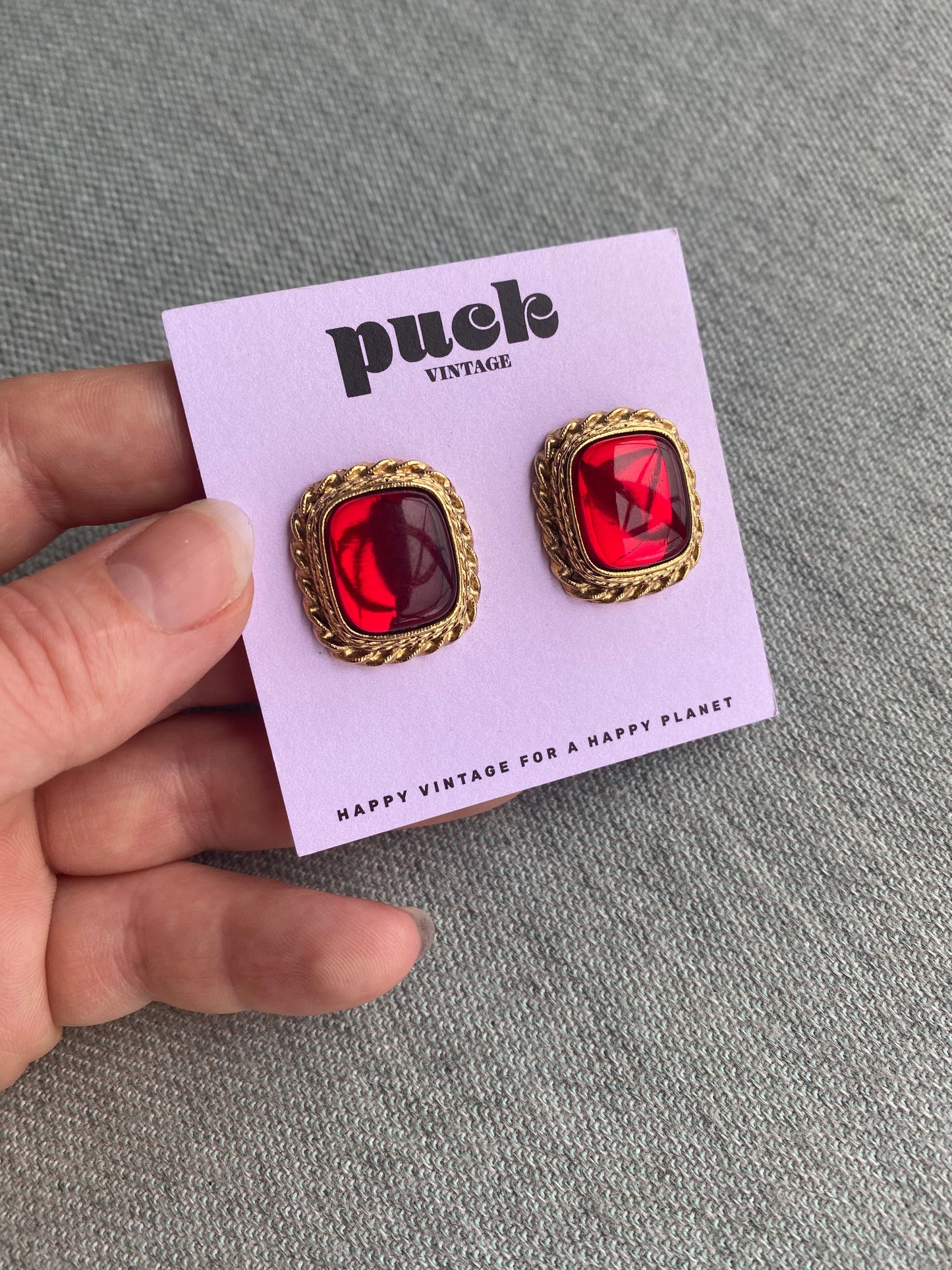 80's Ruby Square Cabachon Gold Rope Pierced Earrings