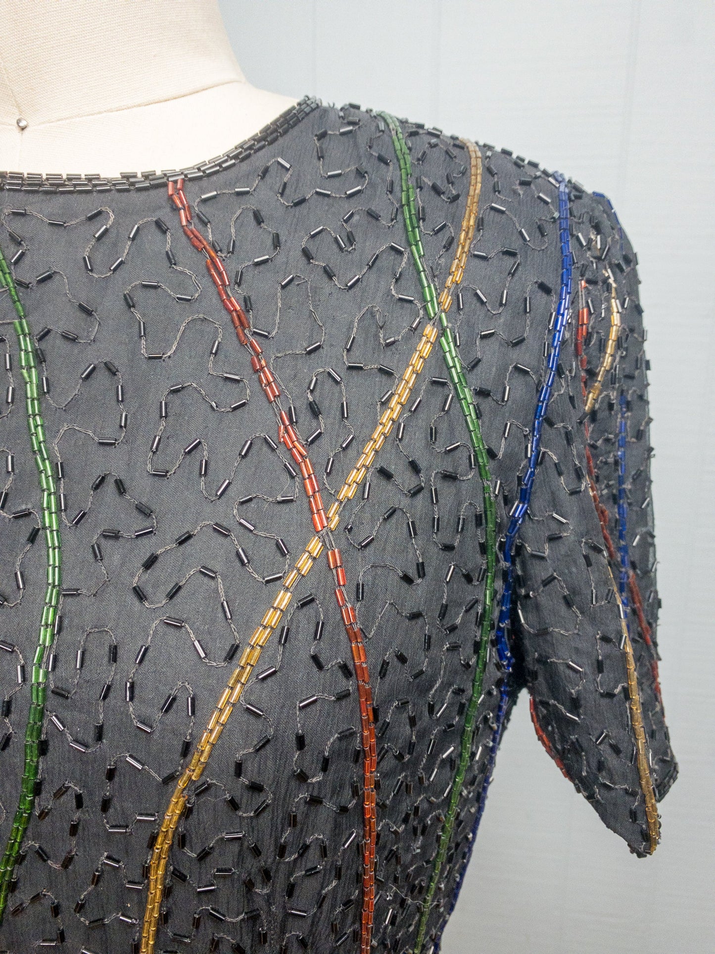80's Black & Rainbow Beaded Shift Dress | M