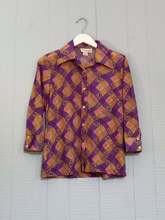 60's 70's Gold & Purple Geometric Paisley Shirt | S/M