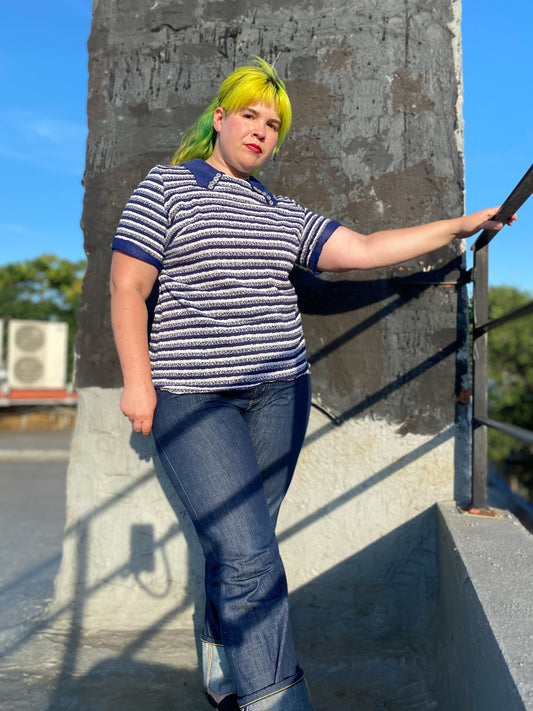 70's Navy Space Dye Striped Pullover | XL