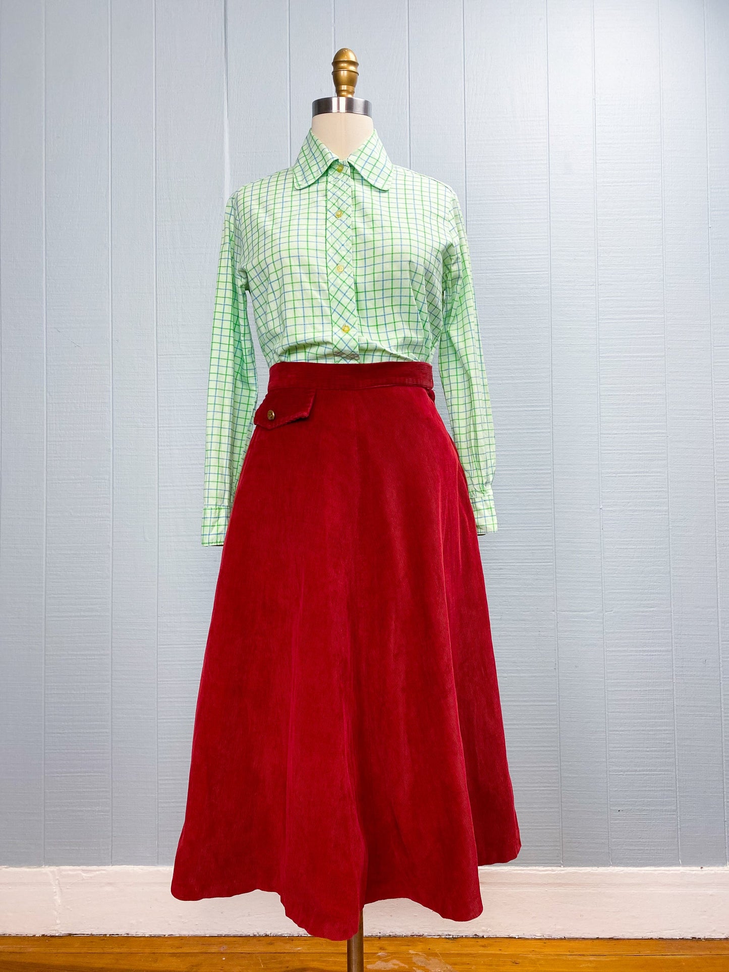 50s/60s Mint Green Windowpane Long Sleeve Blouse | XS/S