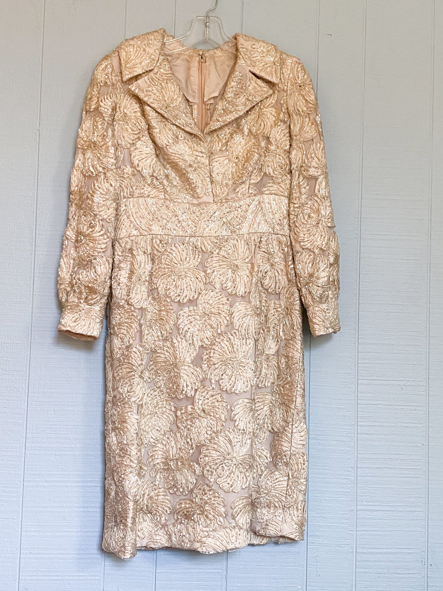 60's Cream Gold Beaded Sequin Long Sleeve Cocktail Dress | M/L