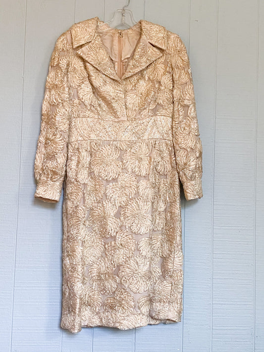 60's Cream Gold Beaded Sequin Long Sleeve Cocktail Dress | M/L