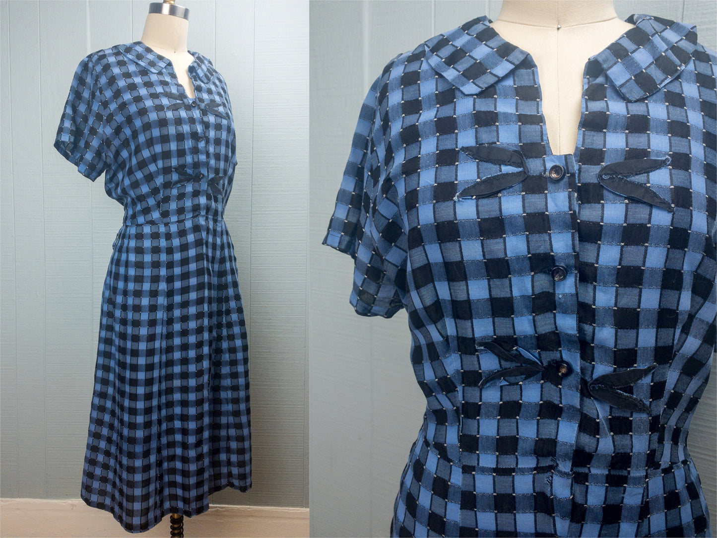50s Blue Black Check School Dress | XL/XXL