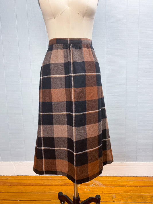 70's/80's Wool Plaid Black Brown Skirt Prestige of Boston | W: 32"