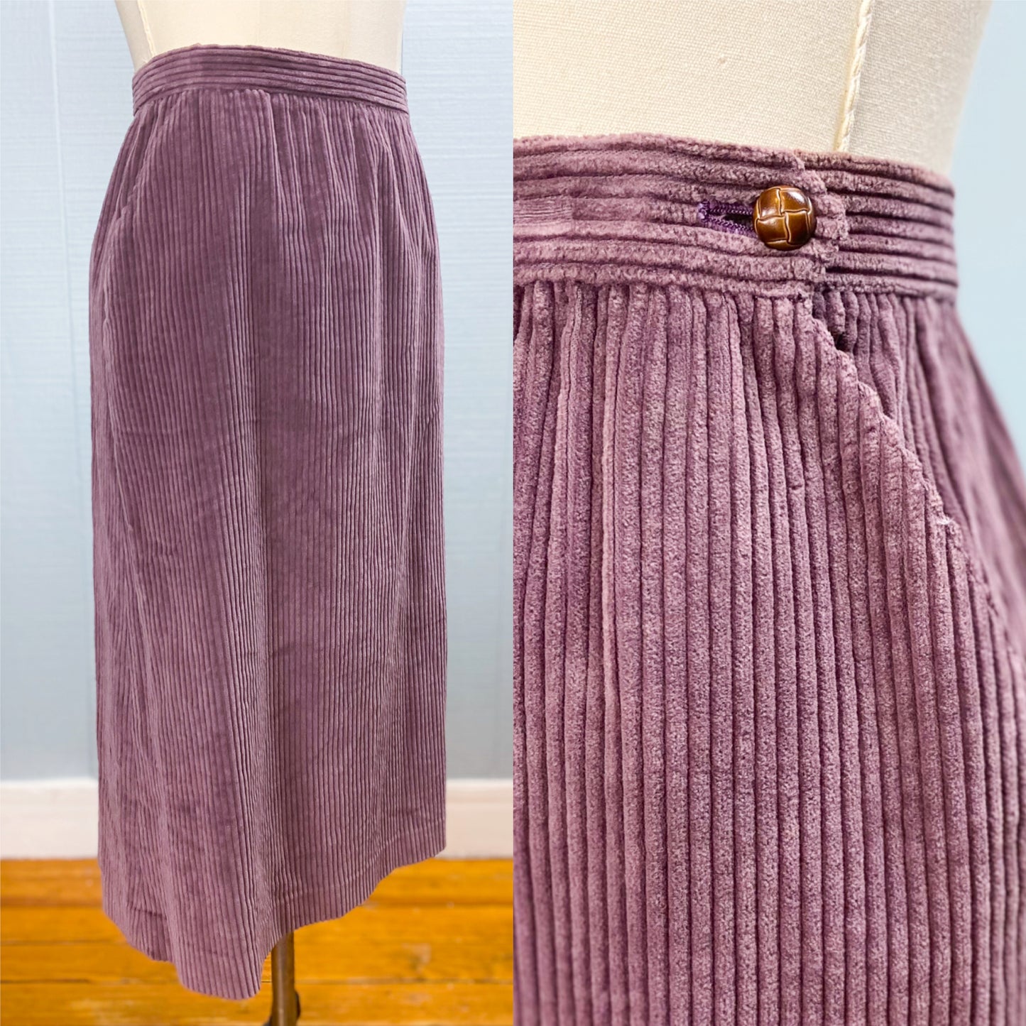 70's Purple Corduroy A-Line Skirt Filene's of Boston | W: 30"