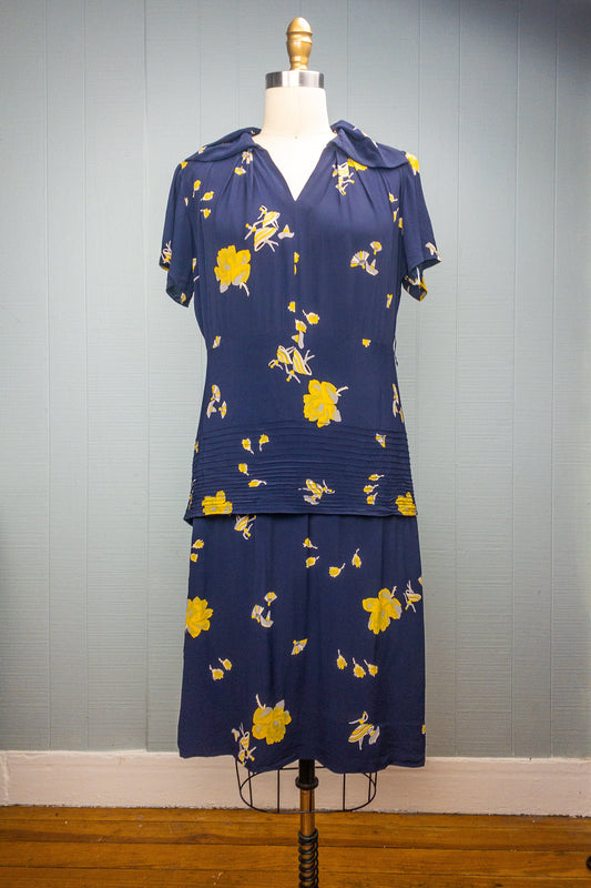 40's Navy Dress Yellow Flowers & Dancers | L/XL