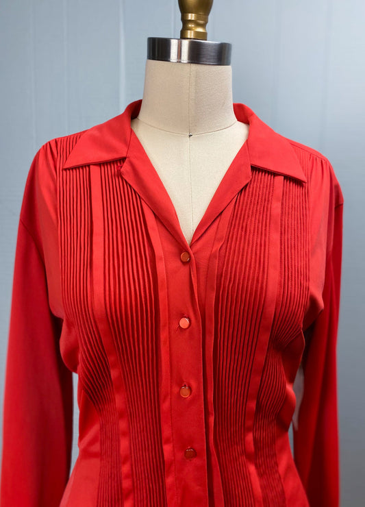 50's Red Pleat Front Tuxedo Loop Collar Blouse Hourglass "Pilot" | M/L