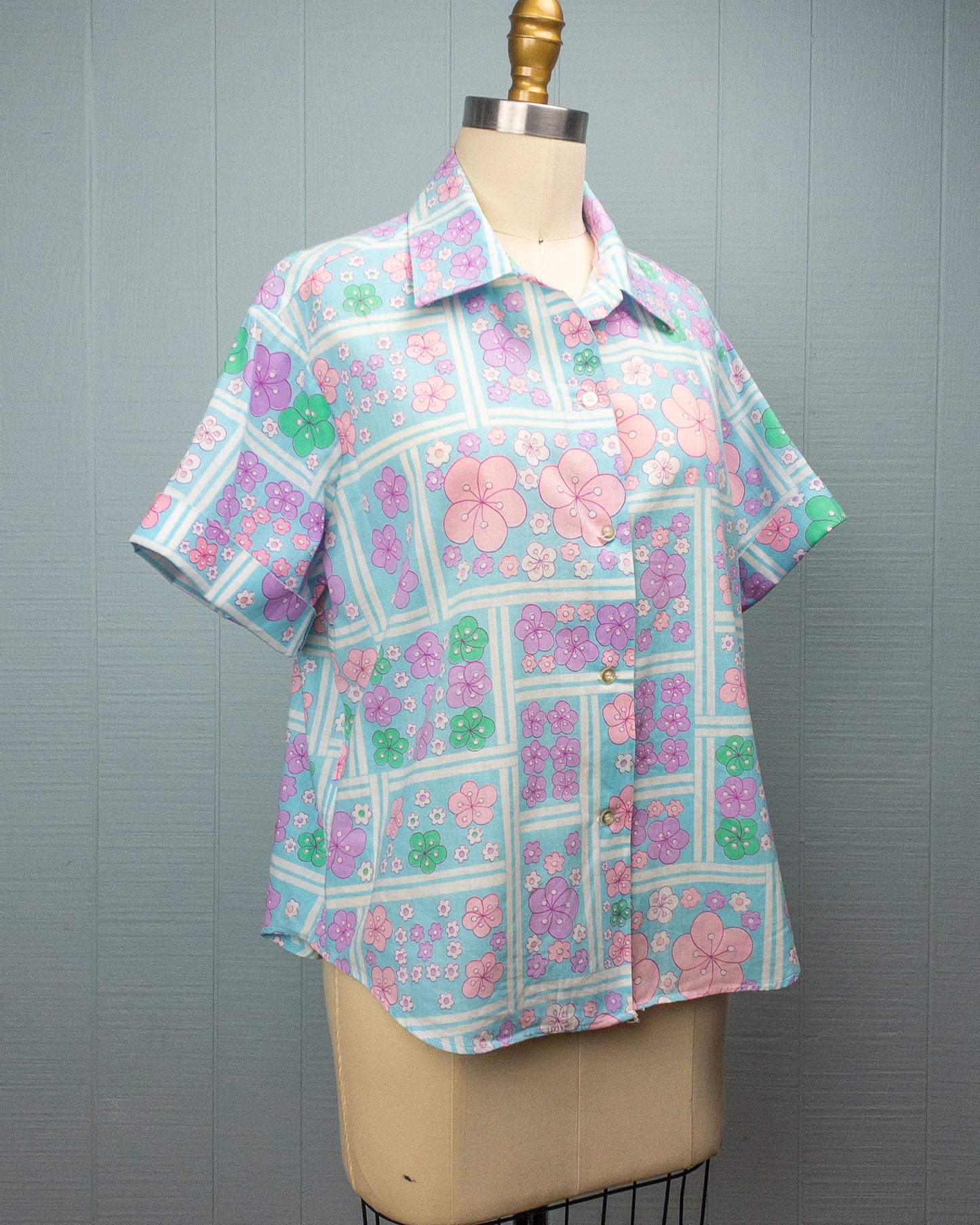 60's Blue Blossom Floral Green Pink Purple