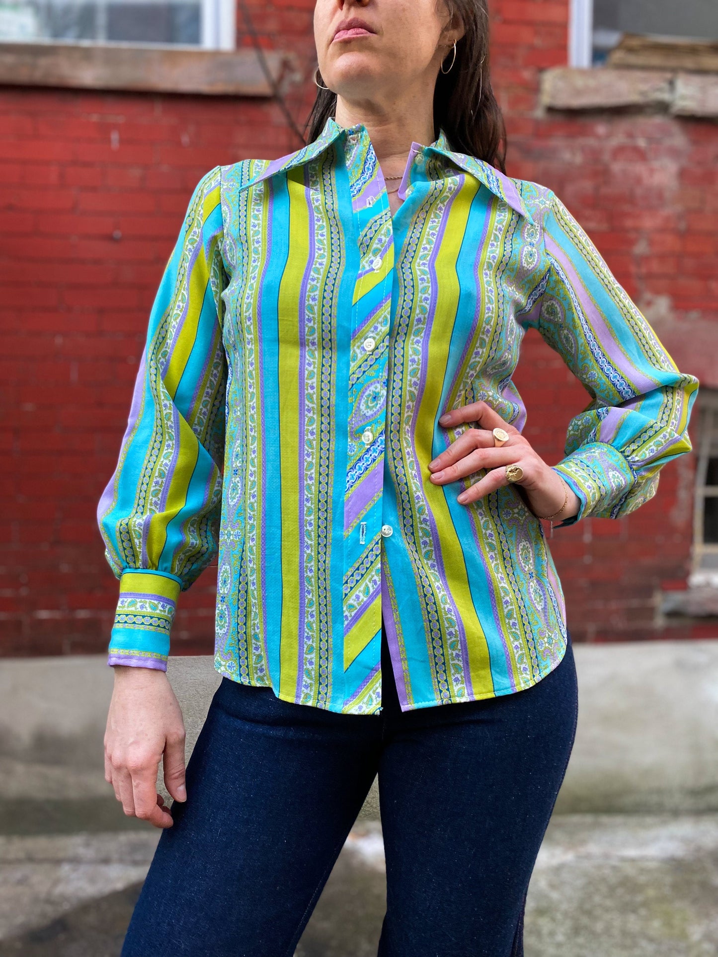 60's 70's Lavender & Green Dagger Collar Blouse