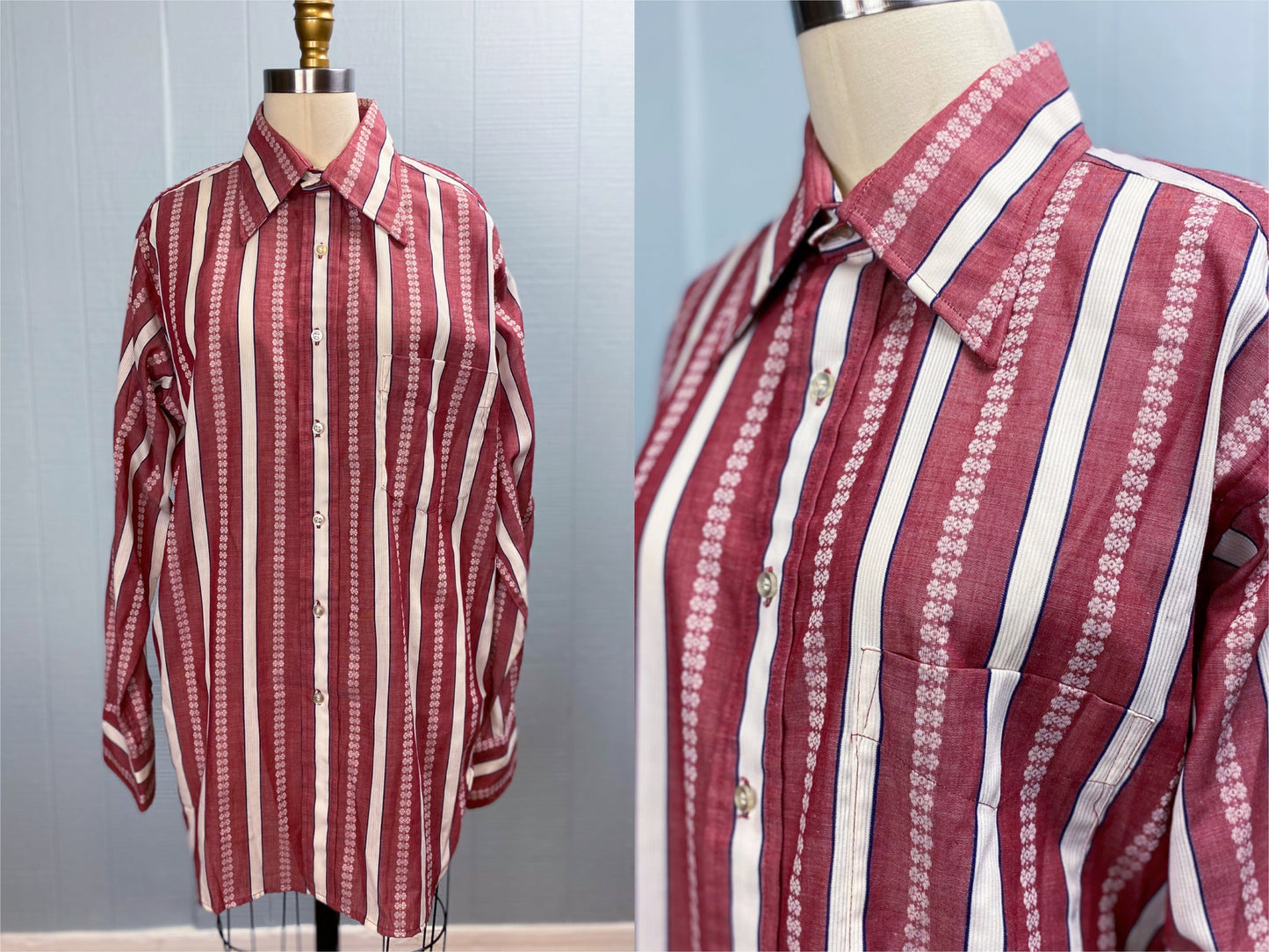 70's Wine & White Vertical Stripe Dagger Collar Button Up Shirt