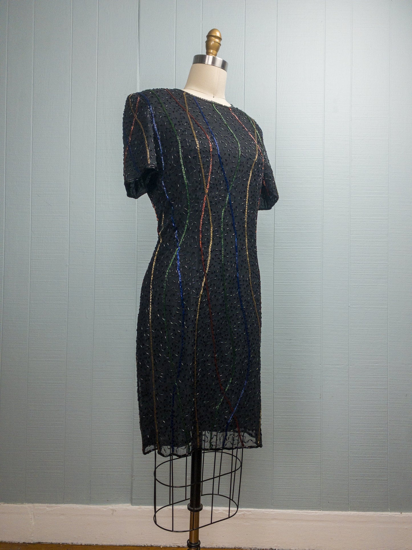 80's Black & Rainbow Beaded Shift Dress | M