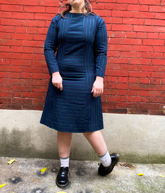 80s does 60s Navy Stripe Wool Dress